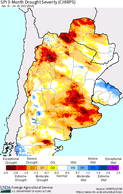 Southern South America SPI 3-Month Drought Severity (CHIRPS) Thematic Map For 4/21/2022 - 7/20/2022