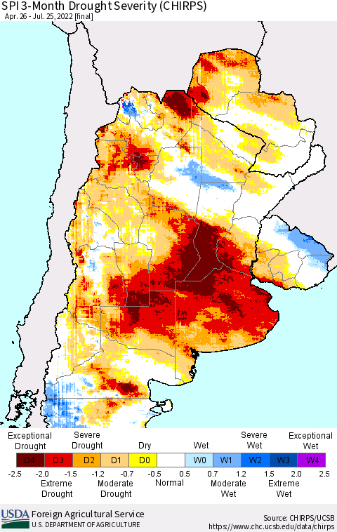 Southern South America SPI 3-Month Drought Severity (CHIRPS) Thematic Map For 4/26/2022 - 7/25/2022