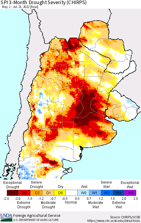 Southern South America SPI 3-Month Drought Severity (CHIRPS) Thematic Map For 5/1/2022 - 7/31/2022