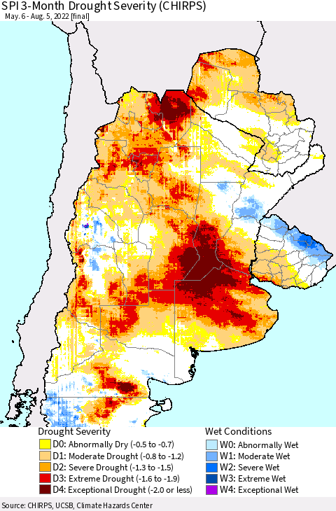 Southern South America SPI 3-Month Drought Severity (CHIRPS) Thematic Map For 5/6/2022 - 8/5/2022