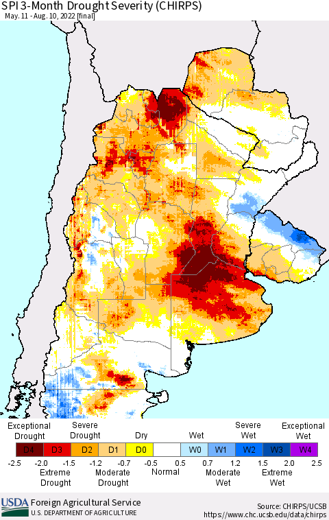 Southern South America SPI 3-Month Drought Severity (CHIRPS) Thematic Map For 5/11/2022 - 8/10/2022