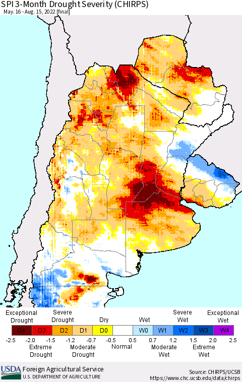 Southern South America SPI 3-Month Drought Severity (CHIRPS) Thematic Map For 5/16/2022 - 8/15/2022