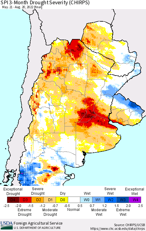 Southern South America SPI 3-Month Drought Severity (CHIRPS) Thematic Map For 5/21/2022 - 8/20/2022