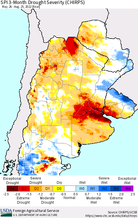 Southern South America SPI 3-Month Drought Severity (CHIRPS) Thematic Map For 5/26/2022 - 8/25/2022