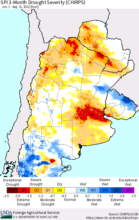 Southern South America SPI 3-Month Drought Severity (CHIRPS) Thematic Map For 6/1/2022 - 8/31/2022