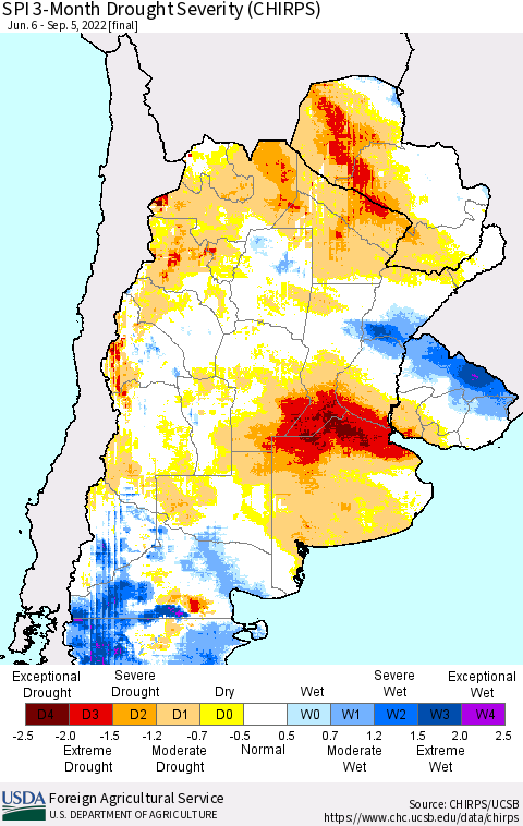Southern South America SPI 3-Month Drought Severity (CHIRPS) Thematic Map For 6/6/2022 - 9/5/2022