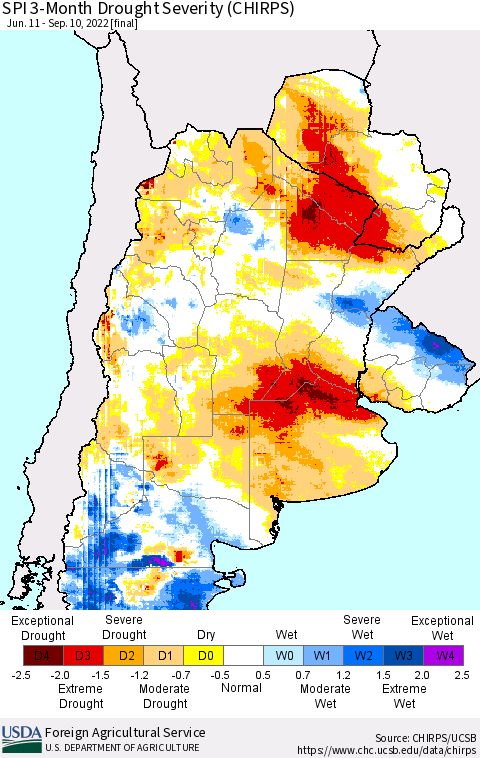 Southern South America SPI 3-Month Drought Severity (CHIRPS) Thematic Map For 6/11/2022 - 9/10/2022