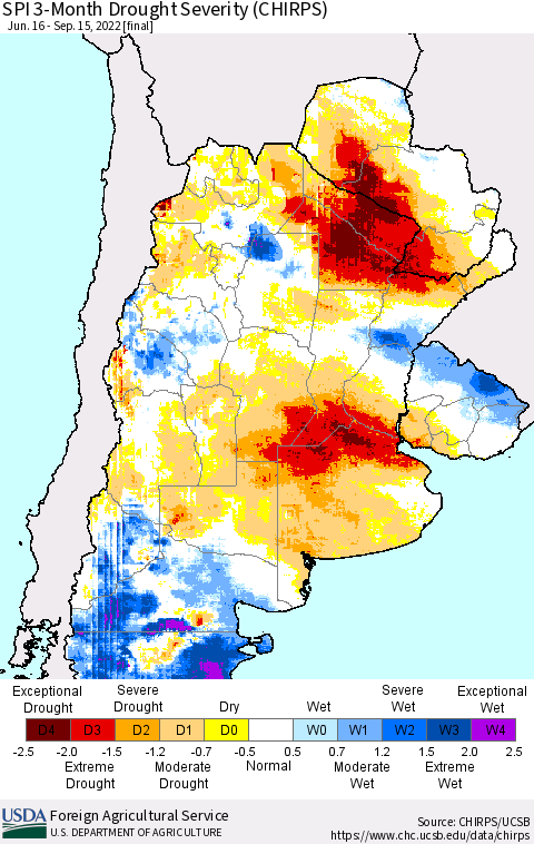 Southern South America SPI 3-Month Drought Severity (CHIRPS) Thematic Map For 6/16/2022 - 9/15/2022