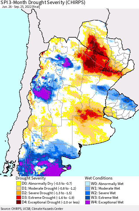 Southern South America SPI 3-Month Drought Severity (CHIRPS) Thematic Map For 6/26/2022 - 9/25/2022