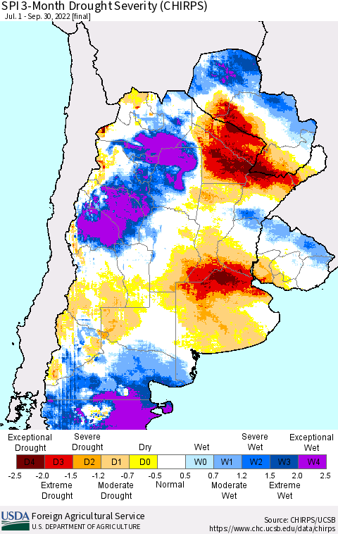 Southern South America SPI 3-Month Drought Severity (CHIRPS) Thematic Map For 7/1/2022 - 9/30/2022