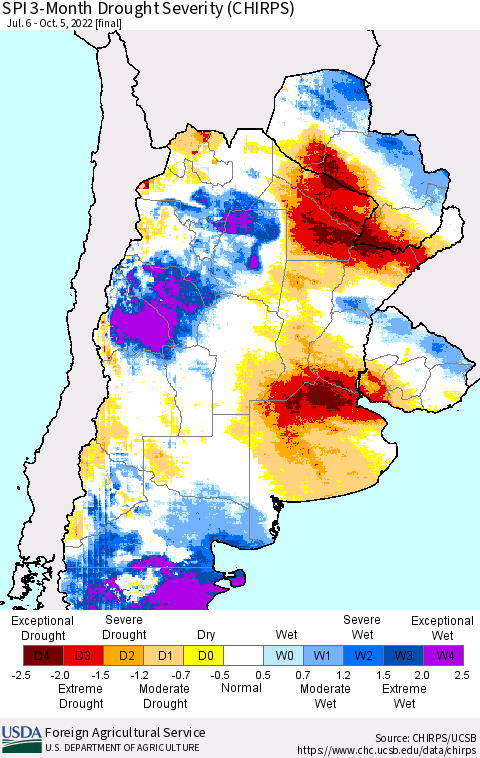 Southern South America SPI 3-Month Drought Severity (CHIRPS) Thematic Map For 7/6/2022 - 10/5/2022
