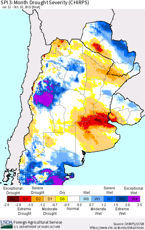 Southern South America SPI 3-Month Drought Severity (CHIRPS) Thematic Map For 7/11/2022 - 10/10/2022