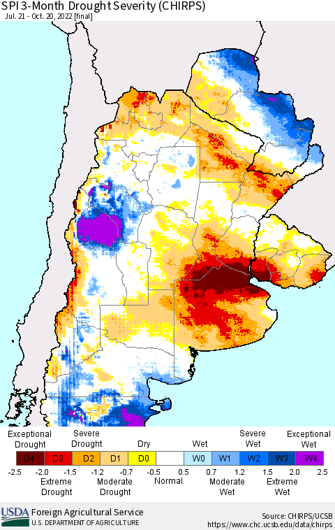 Southern South America SPI 3-Month Drought Severity (CHIRPS) Thematic Map For 7/21/2022 - 10/20/2022