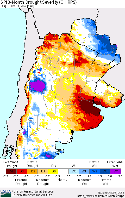 Southern South America SPI 3-Month Drought Severity (CHIRPS) Thematic Map For 8/1/2022 - 10/31/2022