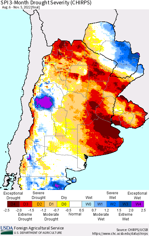 Southern South America SPI 3-Month Drought Severity (CHIRPS) Thematic Map For 8/6/2022 - 11/5/2022