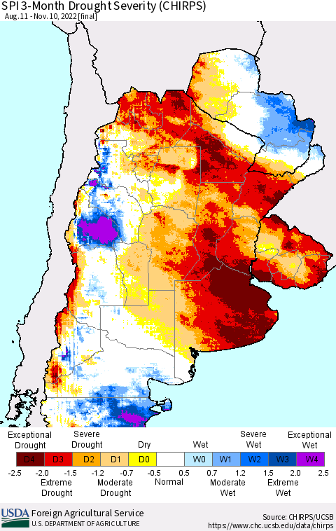 Southern South America SPI 3-Month Drought Severity (CHIRPS) Thematic Map For 8/11/2022 - 11/10/2022