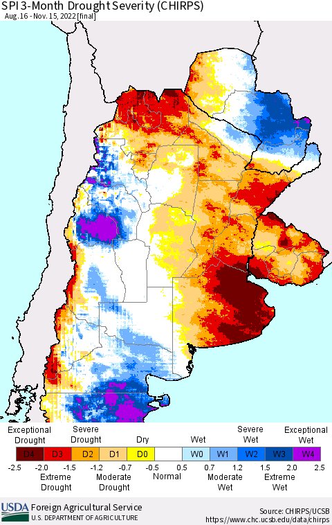 Southern South America SPI 3-Month Drought Severity (CHIRPS) Thematic Map For 8/16/2022 - 11/15/2022