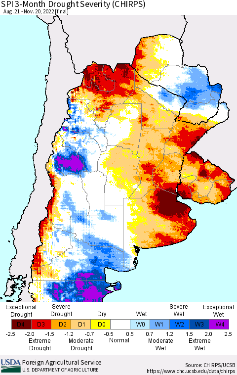 Southern South America SPI 3-Month Drought Severity (CHIRPS) Thematic Map For 8/21/2022 - 11/20/2022