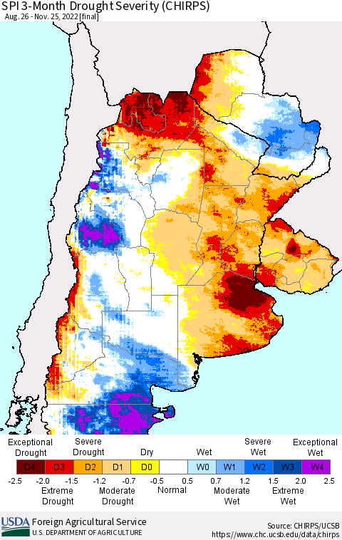 Southern South America SPI 3-Month Drought Severity (CHIRPS) Thematic Map For 8/26/2022 - 11/25/2022