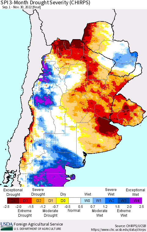 Southern South America SPI 3-Month Drought Severity (CHIRPS) Thematic Map For 9/1/2022 - 11/30/2022