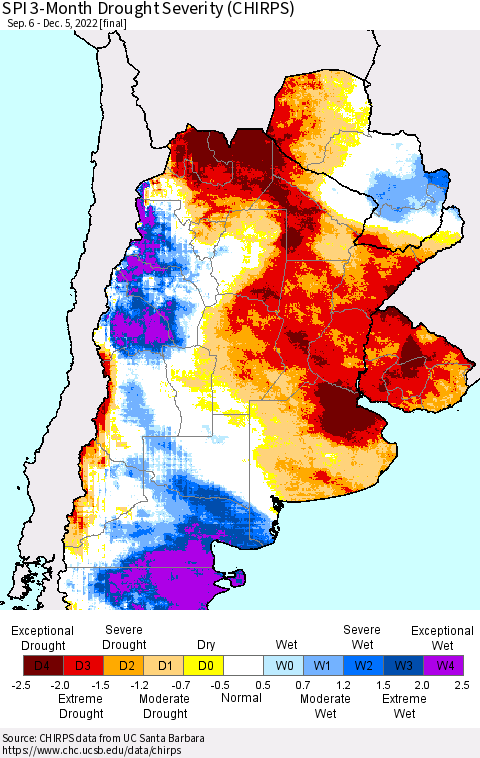 Southern South America SPI 3-Month Drought Severity (CHIRPS) Thematic Map For 9/6/2022 - 12/5/2022