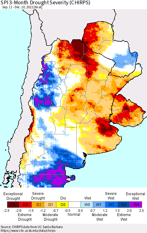 Southern South America SPI 3-Month Drought Severity (CHIRPS) Thematic Map For 9/11/2022 - 12/10/2022