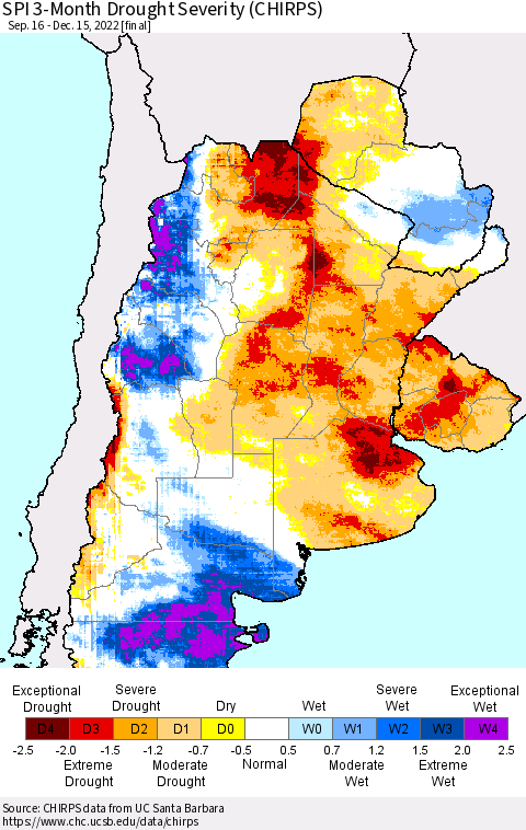 Southern South America SPI 3-Month Drought Severity (CHIRPS) Thematic Map For 9/16/2022 - 12/15/2022