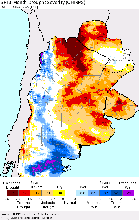 Southern South America SPI 3-Month Drought Severity (CHIRPS) Thematic Map For 10/1/2022 - 12/31/2022