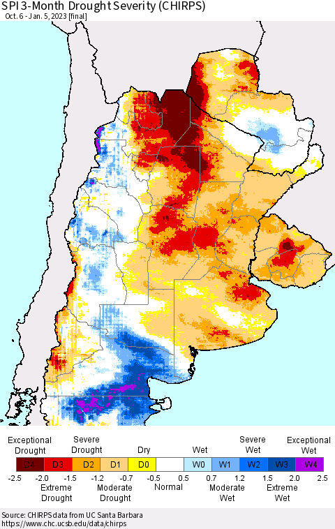 Southern South America SPI 3-Month Drought Severity (CHIRPS) Thematic Map For 10/6/2022 - 1/5/2023