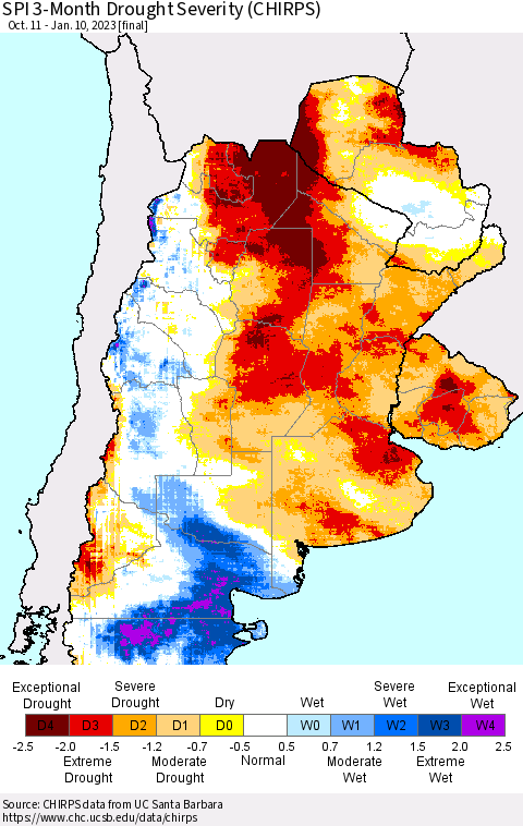 Southern South America SPI 3-Month Drought Severity (CHIRPS) Thematic Map For 10/11/2022 - 1/10/2023