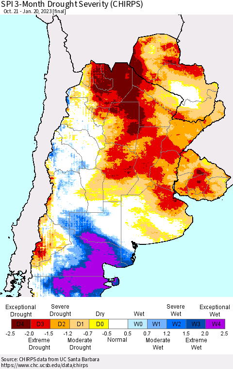 Southern South America SPI 3-Month Drought Severity (CHIRPS) Thematic Map For 10/21/2022 - 1/20/2023