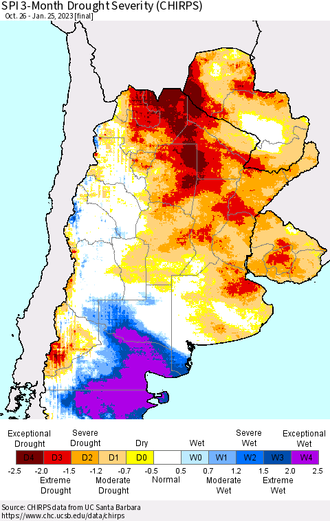 Southern South America SPI 3-Month Drought Severity (CHIRPS) Thematic Map For 10/26/2022 - 1/25/2023