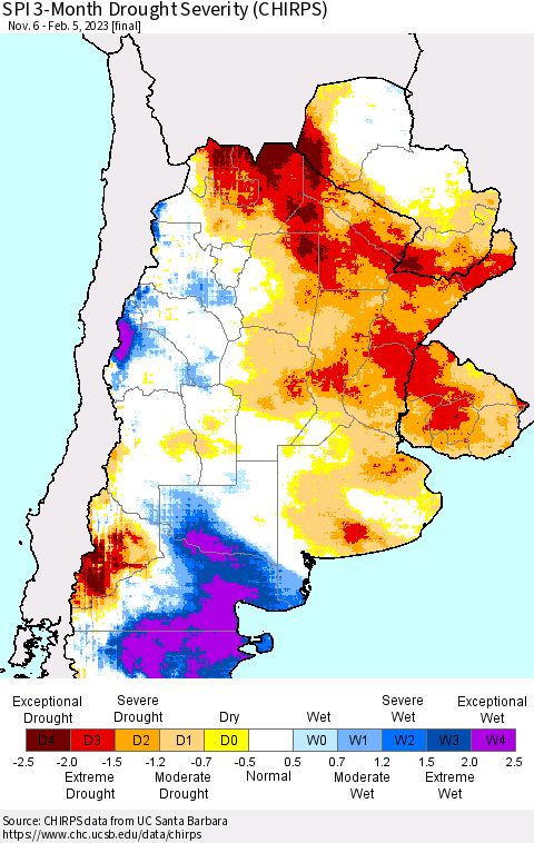 Southern South America SPI 3-Month Drought Severity (CHIRPS) Thematic Map For 11/6/2022 - 2/5/2023