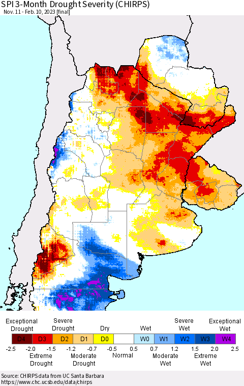 Southern South America SPI 3-Month Drought Severity (CHIRPS) Thematic Map For 11/11/2022 - 2/10/2023