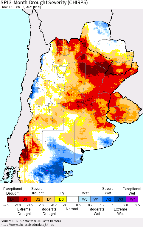 Southern South America SPI 3-Month Drought Severity (CHIRPS) Thematic Map For 11/16/2022 - 2/15/2023