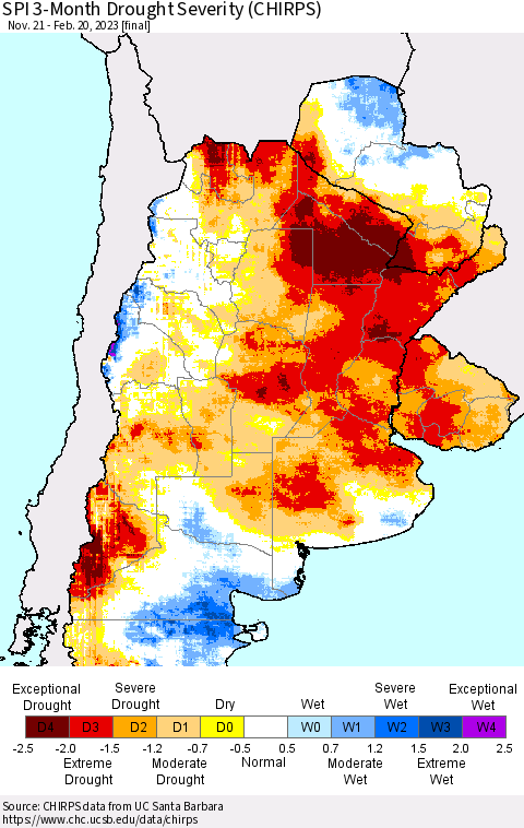 Southern South America SPI 3-Month Drought Severity (CHIRPS) Thematic Map For 11/21/2022 - 2/20/2023