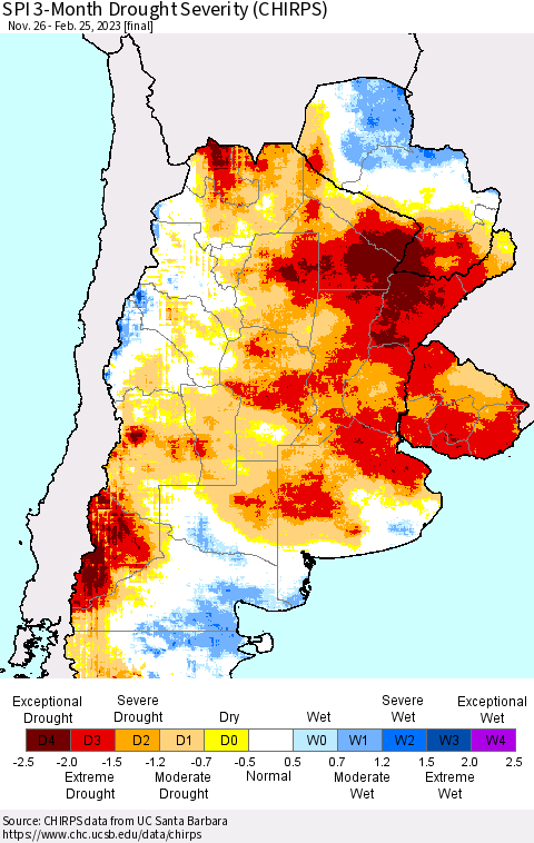 Southern South America SPI 3-Month Drought Severity (CHIRPS) Thematic Map For 11/26/2022 - 2/25/2023