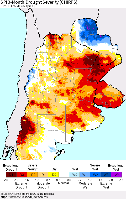 Southern South America SPI 3-Month Drought Severity (CHIRPS) Thematic Map For 12/1/2022 - 2/28/2023