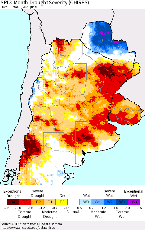 Southern South America SPI 3-Month Drought Severity (CHIRPS) Thematic Map For 12/6/2022 - 3/5/2023