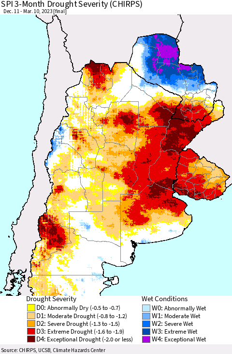 Southern South America SPI 3-Month Drought Severity (CHIRPS) Thematic Map For 12/11/2022 - 3/10/2023