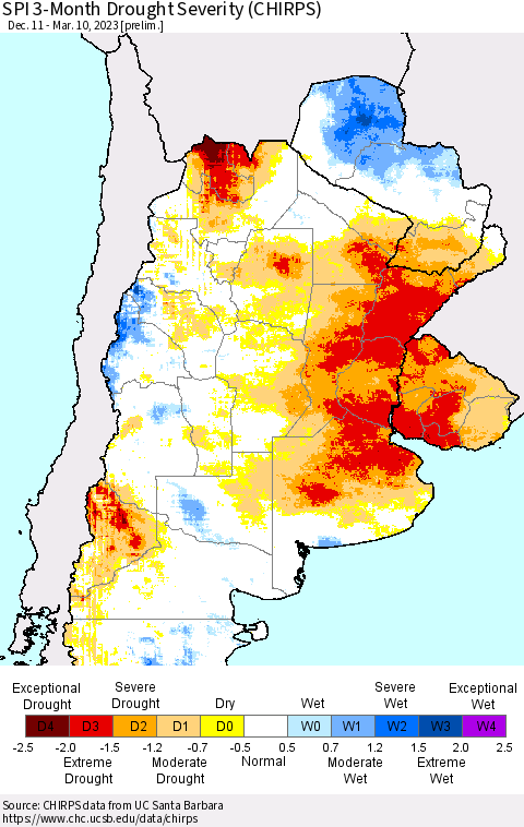 Southern South America SPI 3-Month Drought Severity (CHIRPS) Thematic Map For 12/11/2022 - 3/10/2023