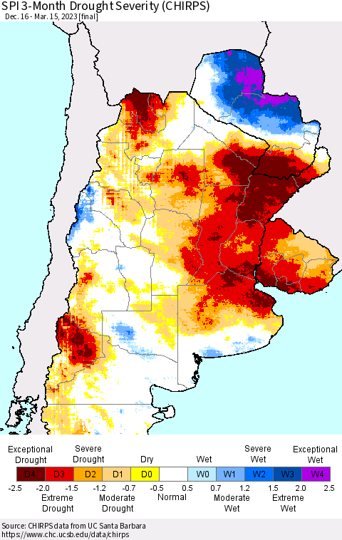 Southern South America SPI 3-Month Drought Severity (CHIRPS) Thematic Map For 12/16/2022 - 3/15/2023