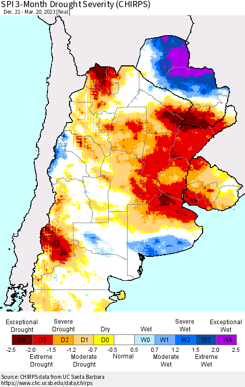 Southern South America SPI 3-Month Drought Severity (CHIRPS) Thematic Map For 12/21/2022 - 3/20/2023