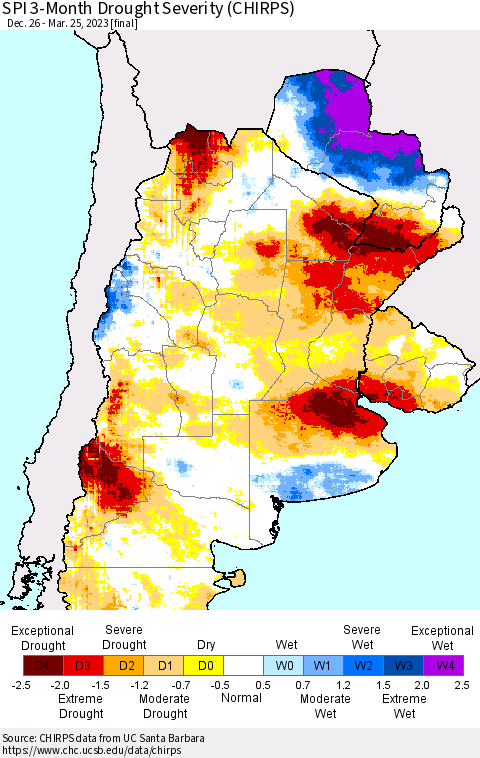 Southern South America SPI 3-Month Drought Severity (CHIRPS) Thematic Map For 12/26/2022 - 3/25/2023
