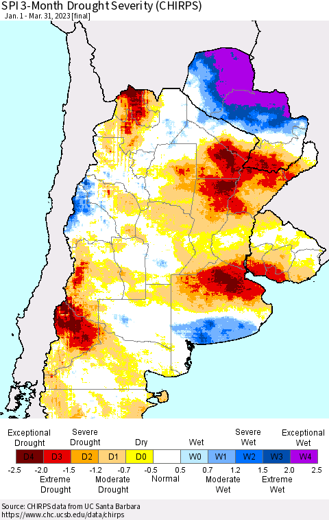 Southern South America SPI 3-Month Drought Severity (CHIRPS) Thematic Map For 1/1/2023 - 3/31/2023