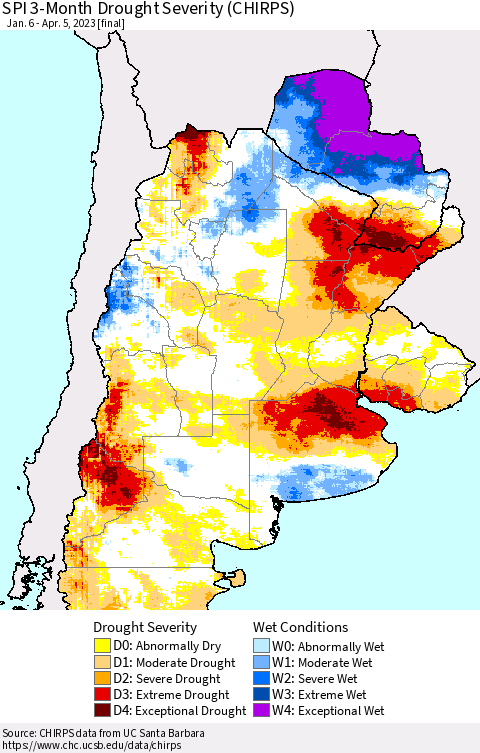 Southern South America SPI 3-Month Drought Severity (CHIRPS) Thematic Map For 1/6/2023 - 4/5/2023