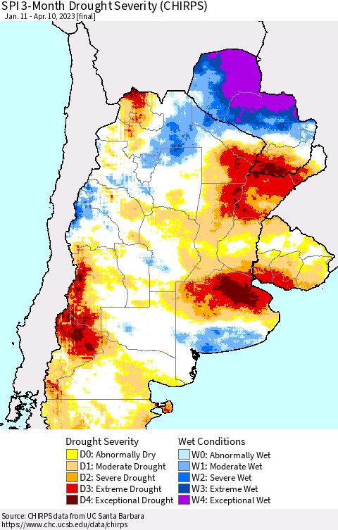 Southern South America SPI 3-Month Drought Severity (CHIRPS) Thematic Map For 1/11/2023 - 4/10/2023
