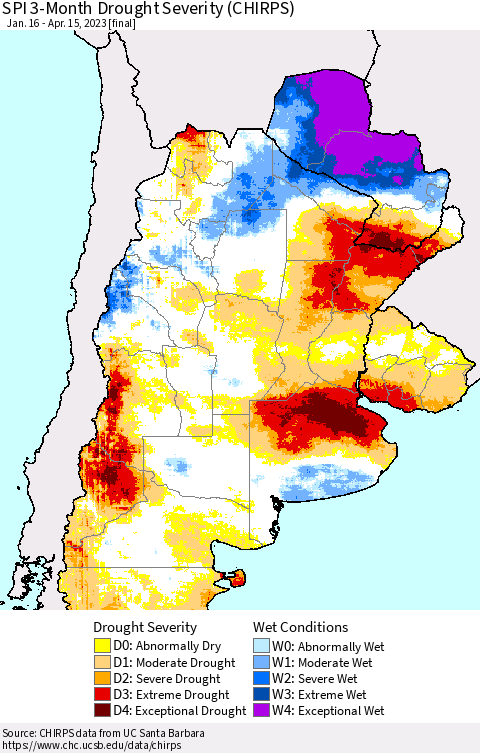 Southern South America SPI 3-Month Drought Severity (CHIRPS) Thematic Map For 1/16/2023 - 4/15/2023