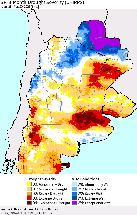 Southern South America SPI 3-Month Drought Severity (CHIRPS) Thematic Map For 1/21/2023 - 4/20/2023