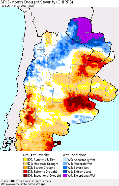 Southern South America SPI 3-Month Drought Severity (CHIRPS) Thematic Map For 1/26/2023 - 4/25/2023